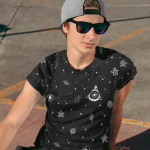 Limited edition black Quantum Pulse Collector T-shirt featuring an intricate all-over white pattern and premium finish.