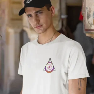 A premium white cotton t-shirt featuring the Quantum Pulse logo printed in vibrant shades of orange and purple.