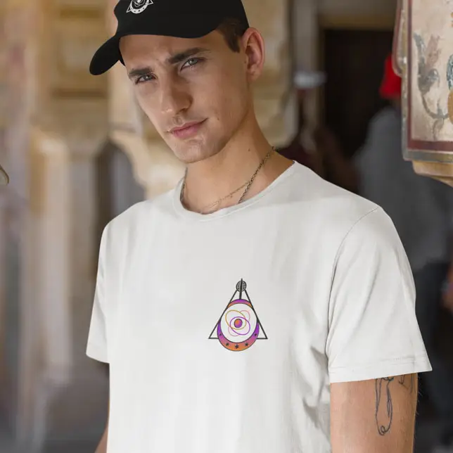 A premium white cotton t-shirt featuring the Quantum Pulse logo printed in vibrant shades of orange and purple.