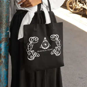 Durable black canvas tote bag featuring the white Quantum Pulse logo and decorative music-inspired graphics.