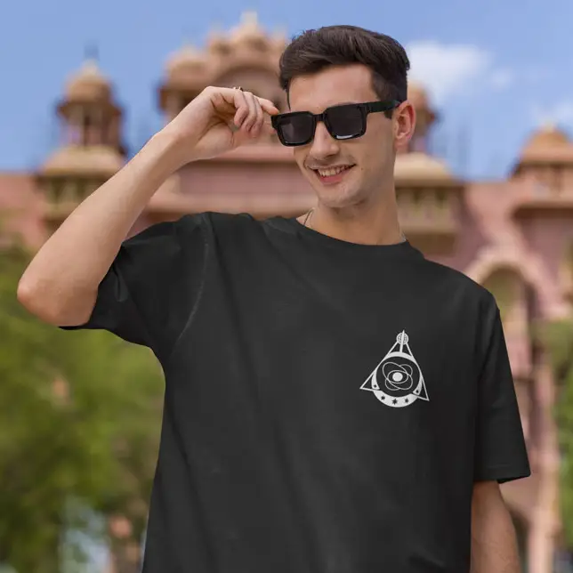 Front view of the premium Quantum Pulse Black T-shirt featuring a high-quality white logo print on the chest.